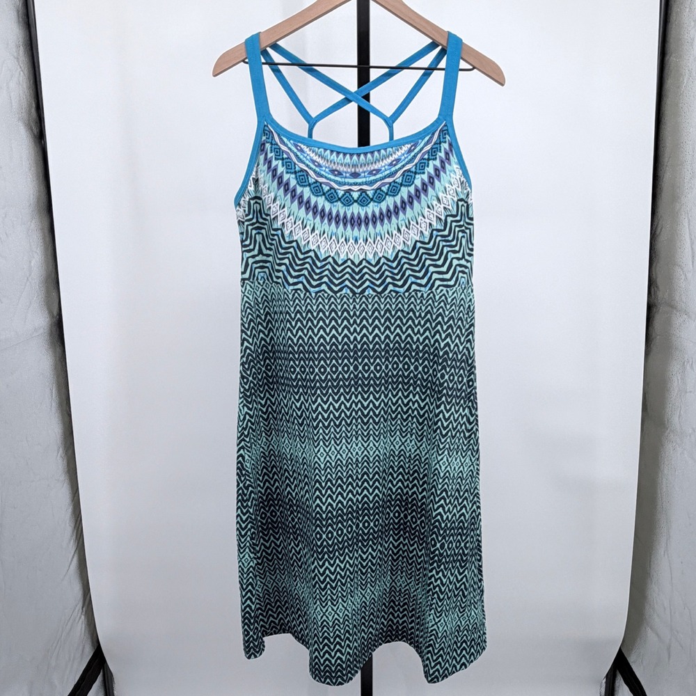 prAna Cora Ikat Tank Dress Shelf Bra Geometric Blue Teal Size XL Boho